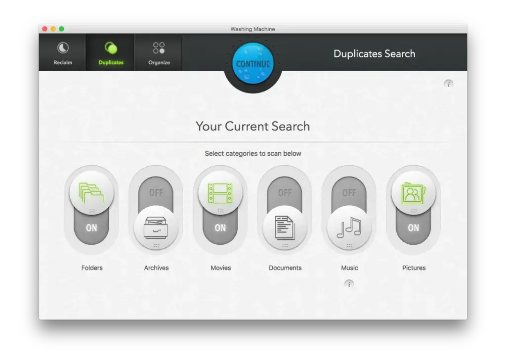 Intego Washing Machine’s duplicate file finder with toggles for scanning various categories like folders, movies, pictures