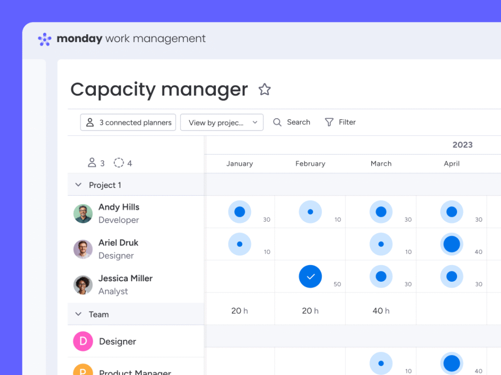 Capacity Manager view in monday.com showing team workload by hours and months