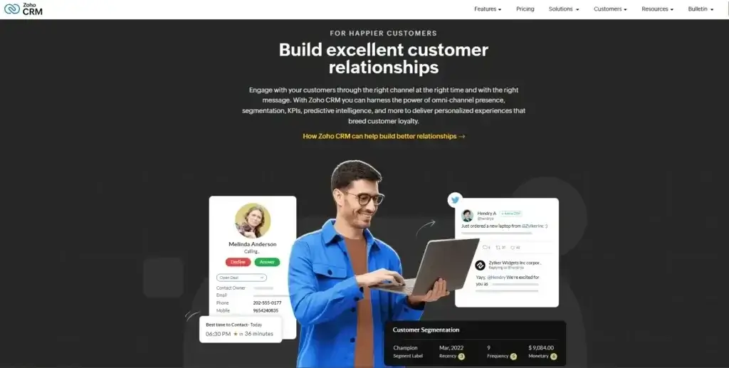 Zoho CRM homepage banner highlighting the platformβs focus on building customer relationships through personalized engagement.