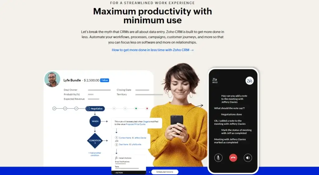 Zoho CRM for financial advisors interface showing AI assistant Zia and automated workflow builder