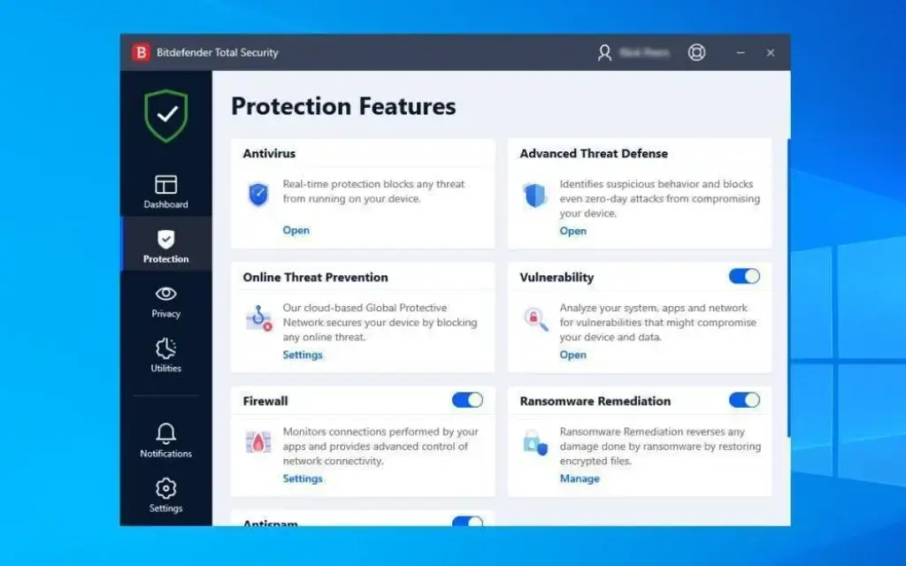 Bitdefender dashboard with antivirus, firewall, ransomware protection, and threat prevention toggles