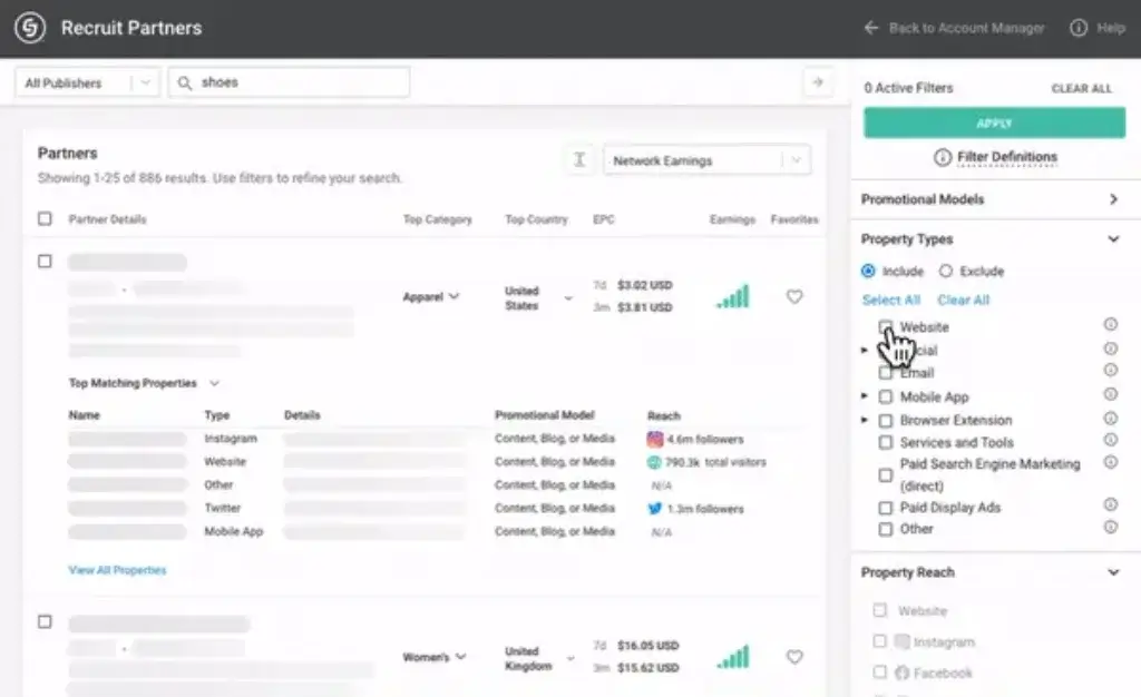 CJ Affiliate Recruit Partners dashboard showing filtered search results by promotional model, reach, and category for affiliate discovery.