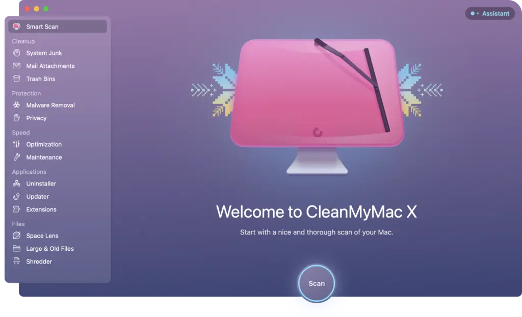 CleanMyMac X main dashboard featuring Smart Scan and tools for junk cleanup, malware removal, and optimization.