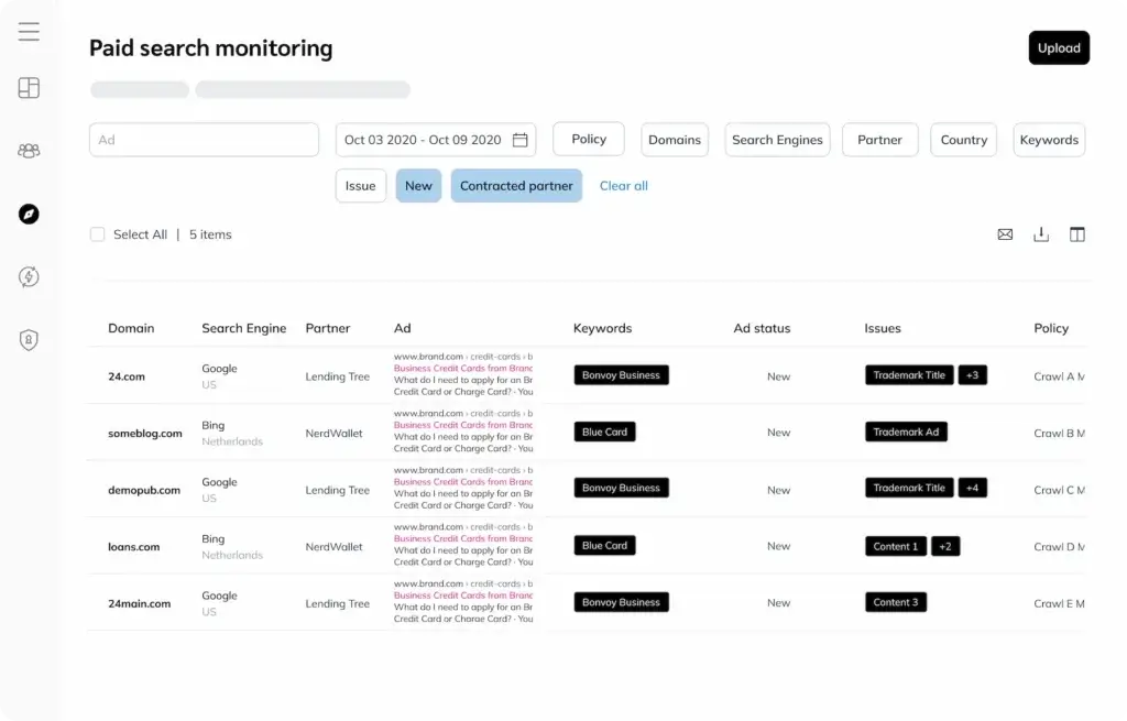 Impact.com’s paid search monitoring interface listing flagged partner ads and keyword issues.