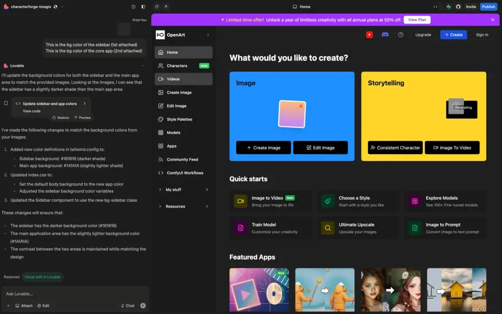 Lovable editor interface showing dashboard with AI tools for creating and editing images, videos, characters, and more, along with a code panel displaying background customization in Tailwind CSS.