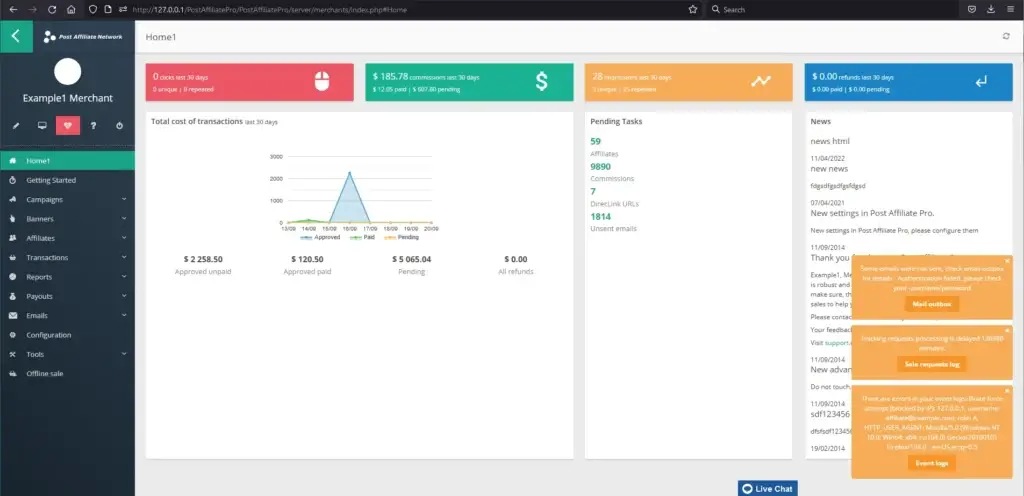 Post Affiliate Pro dashboard showing commission totals, transaction status, and email system notifications