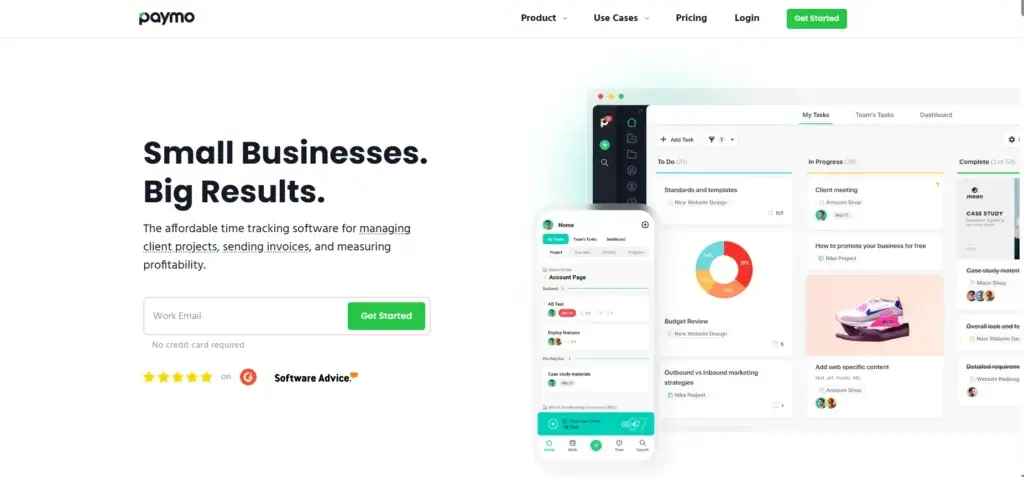 Paymo homepage and mobile interface showcasing time tracking, tasks, and dashboard charts for small business project management.