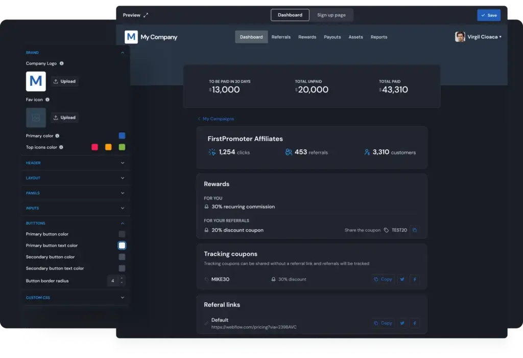 Custom branded affiliate portal in FirstPromoter with real-time referral stats and payout tracking