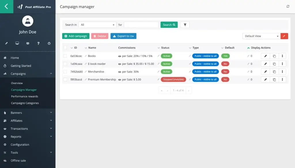 Post Affiliate Pro Campaign Manager interface listing affiliate campaigns, commission types, and statuses