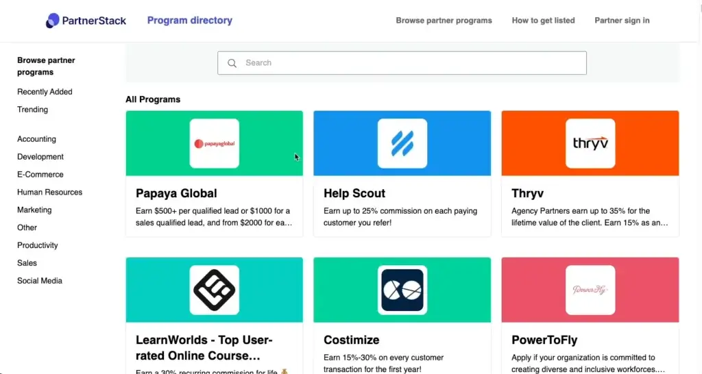 PartnerStack Marketplace displaying affiliate program listings from B2B brands like Help Scout and Papaya Global