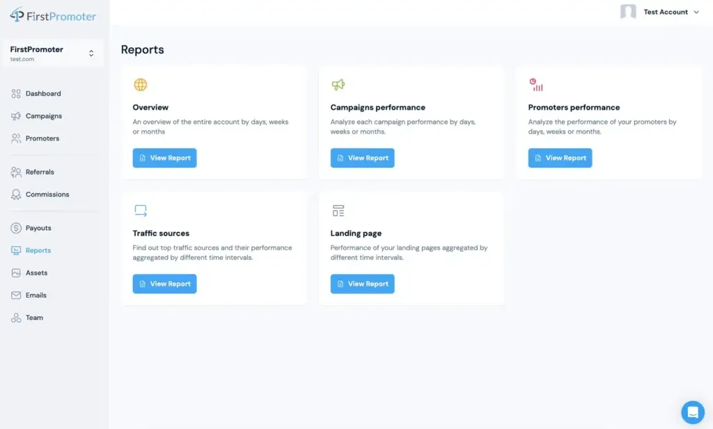 FirstPromoter reporting dashboard with campaign performance, traffic sources, and promoter metrics