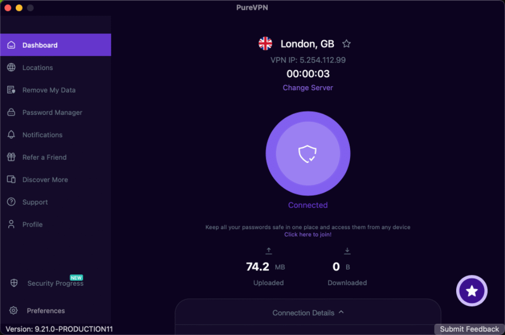 PureVPN desktop app in dark mode connected to London server with VPN IP and data usage shown
