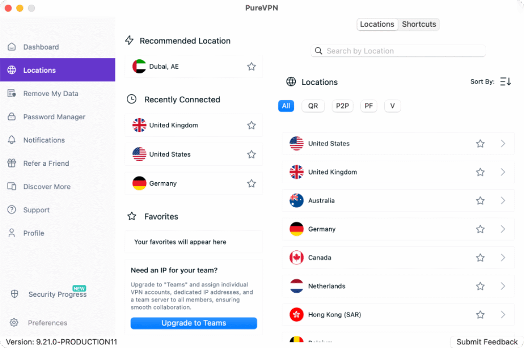 PureVPN app interface showing server locations and recently connected countries including United States, United Kingdom, and Germany