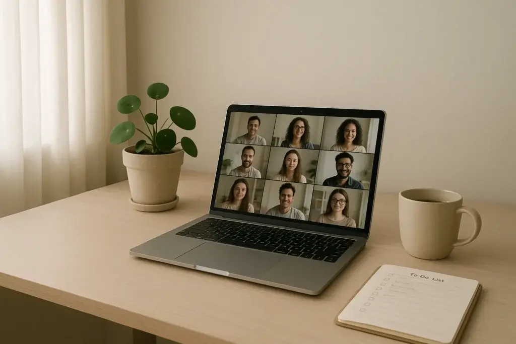 Minimalist workspace with laptop showing virtual coworking session
