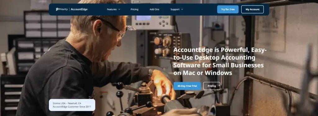 AccountEdge homepage featuring a small business owner using equipment, with overlay text promoting desktop accounting software for Mac and Windows