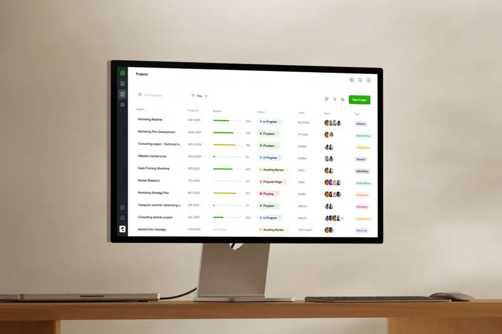 Bonsai project management dashboard showing client projects, team assignments, progress bars, and task statuses
