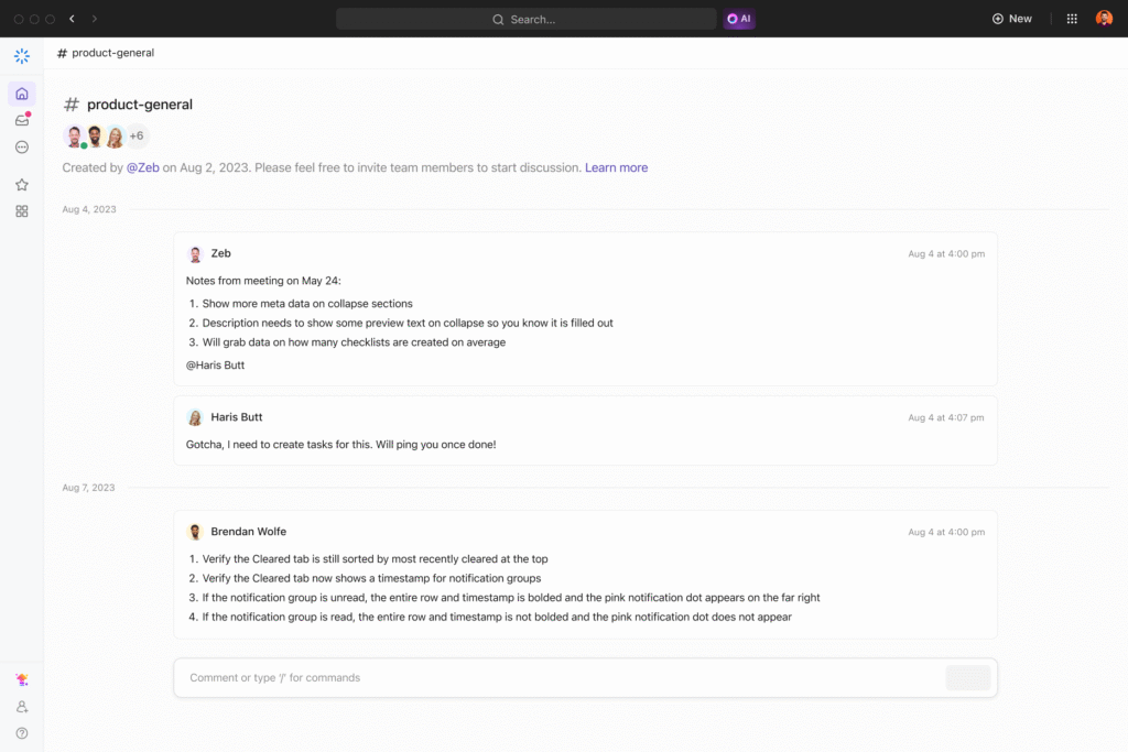 ClickUp product-general channel displaying threaded team communication and follow-up task creation