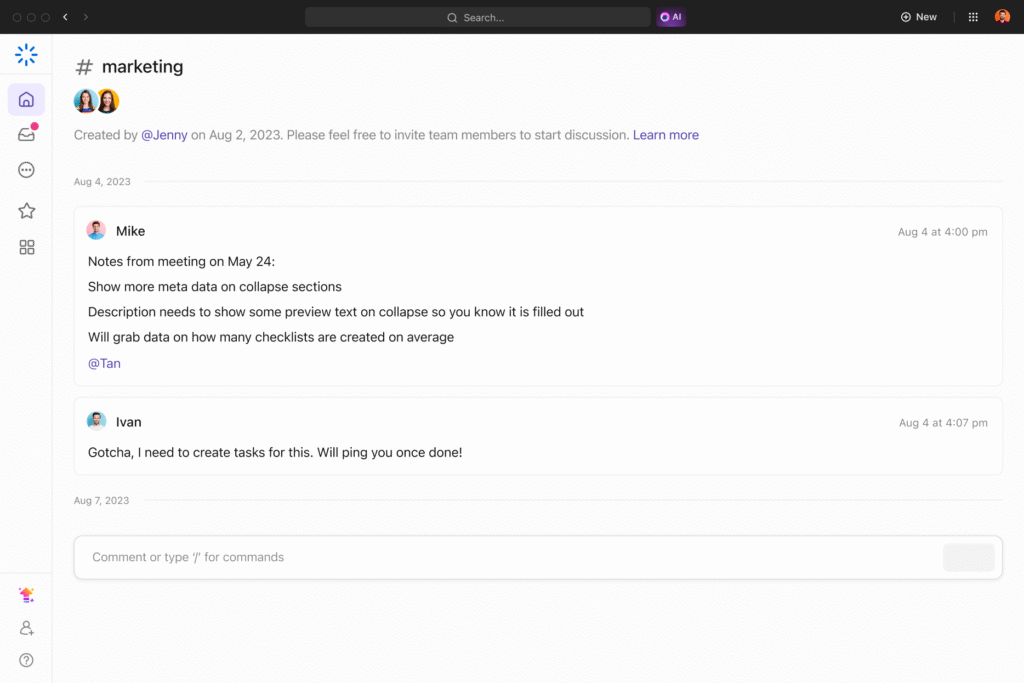 ClickUp marketing channel showing real-time team discussion with task-related notes and user mentions
