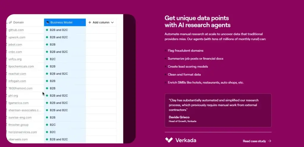 Clay AI research agent interface showing business model enrichment for multiple domains using automated lead research.