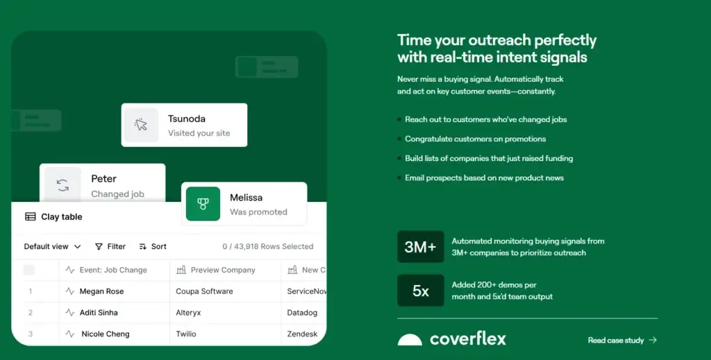 Clay interface displaying real-time job change signals and automated prospect tracking for outbound sales targeting.