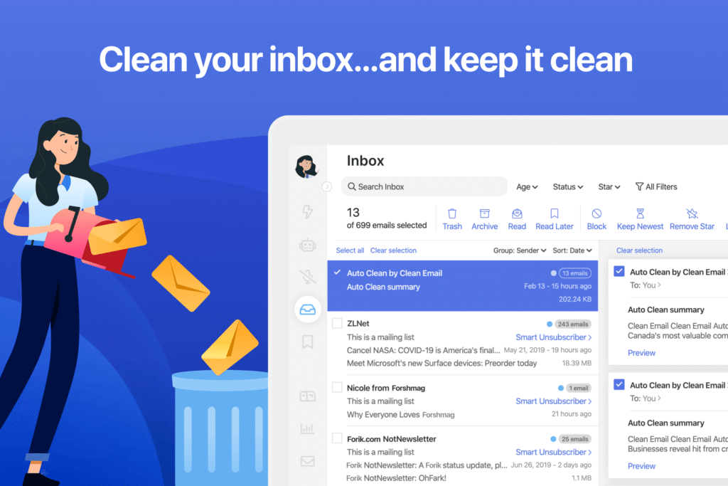Illustration of Clean Email interface with inbox automation and smart views for email cleanup