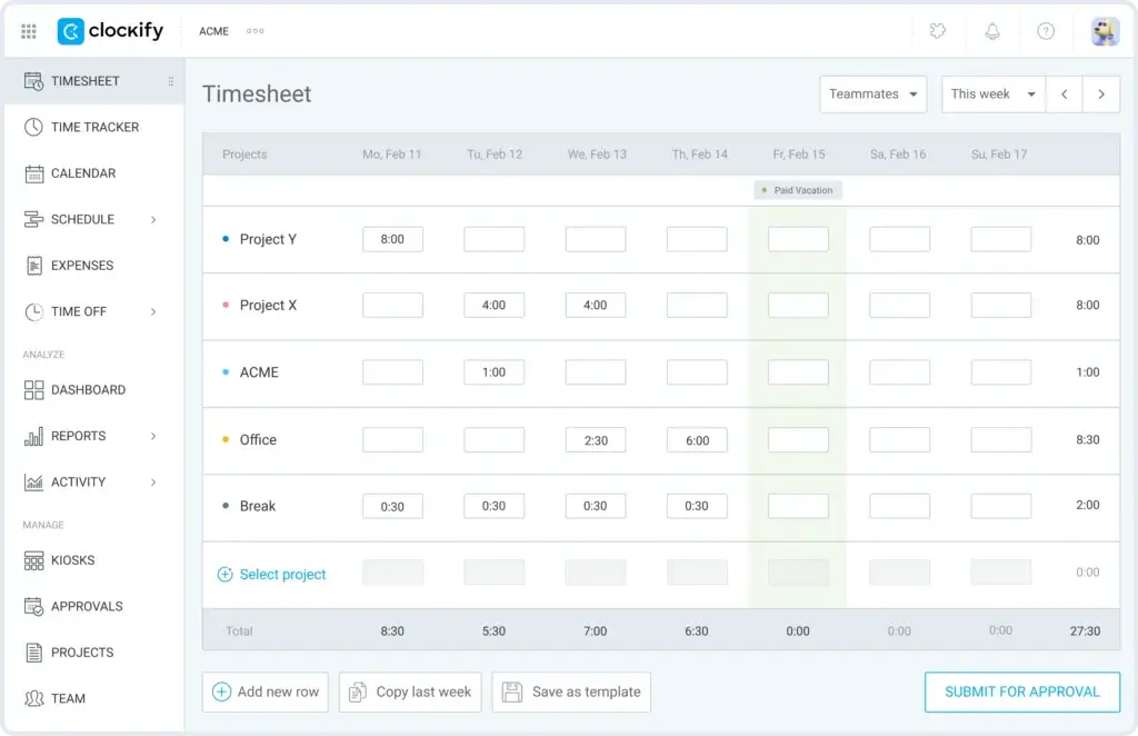 Clockify timesheet view with weekly hours logged by project and task for multiple team members