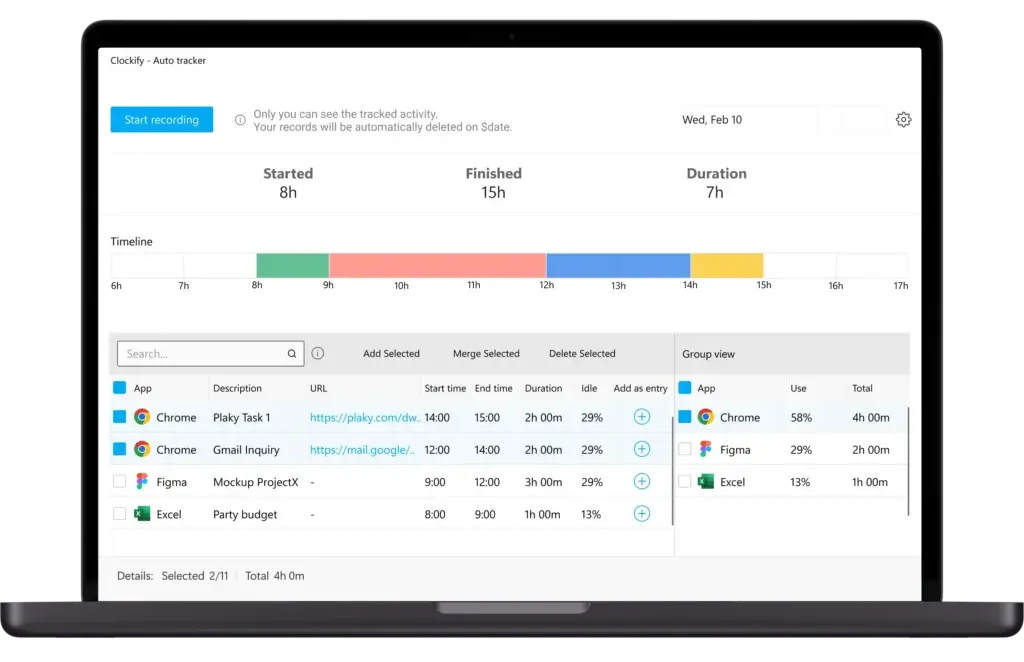Clockify auto tracker dashboard showing timeline of software usage with app breakdown and activity percentages