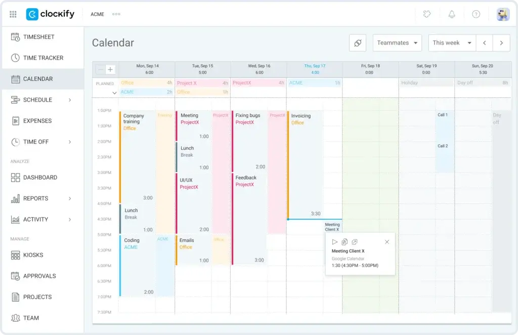 Clockify calendar view showing daily scheduled tasks, meetings, and work blocks by color-coded projects