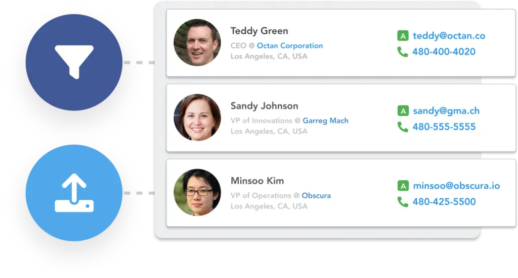 RocketReach contact lookup results showing verified email addresses and phone numbers for business professionals