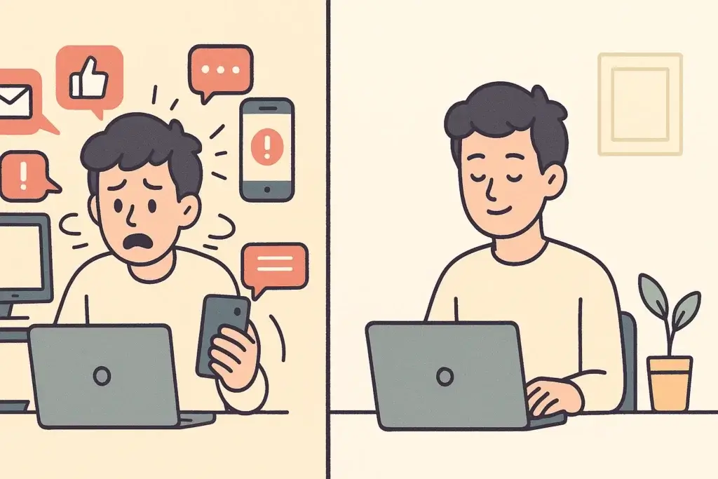 Side-by-side of distracted person vs focused person at work