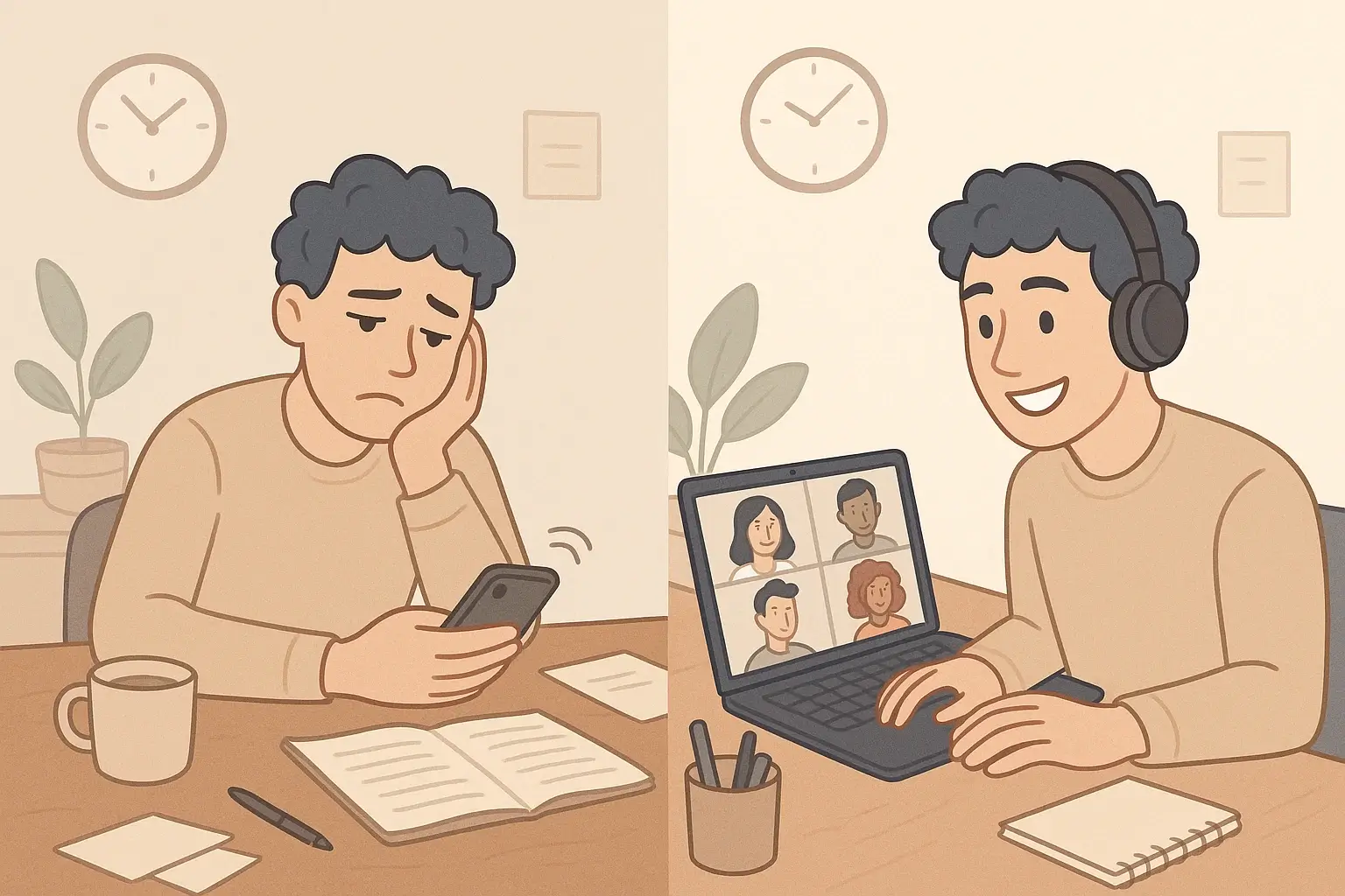Split view of remote worker before and after joining a virtual coworking session