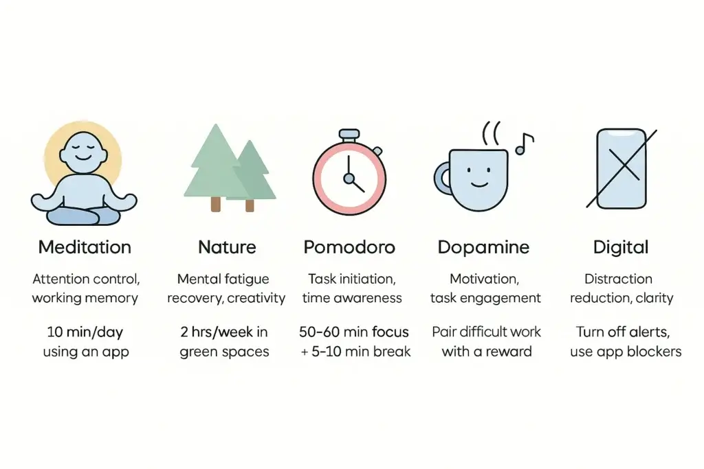 Icons showing five focus strategies with tips underneath