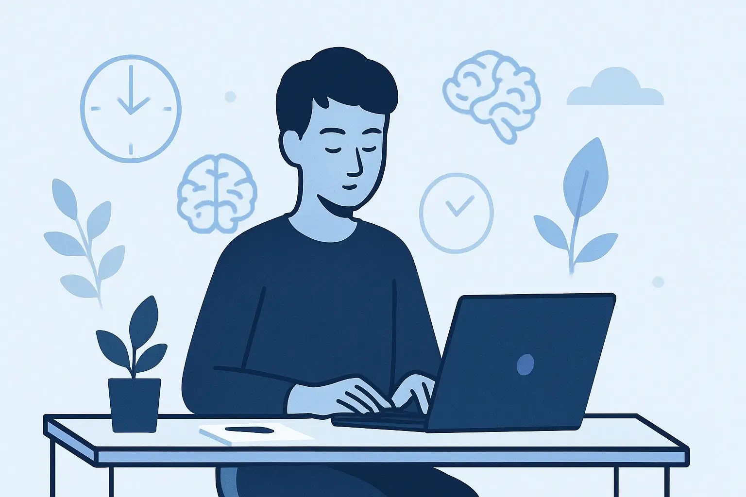 Person focused at desk with time, brain, and nature icons. Science of focus