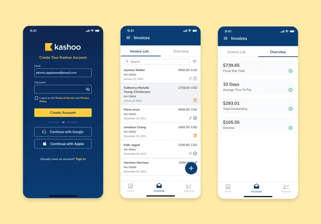 Kashoo mobile app screenshots showing account creation, invoice list, and payment overview on iOS