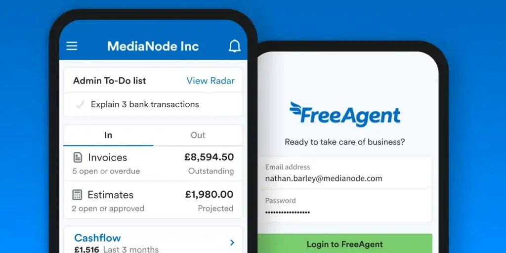 FreeAgent mobile app showing the login screen and admin to-do list with outstanding invoices and estimates.