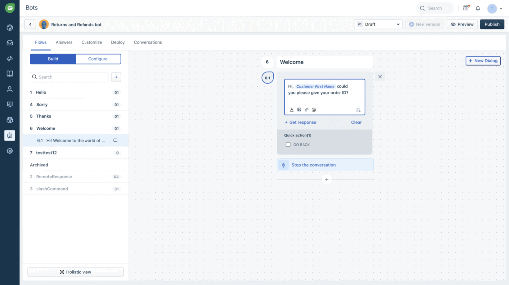 Freshchat bot builder interface showing dialog flow for returns and refunds