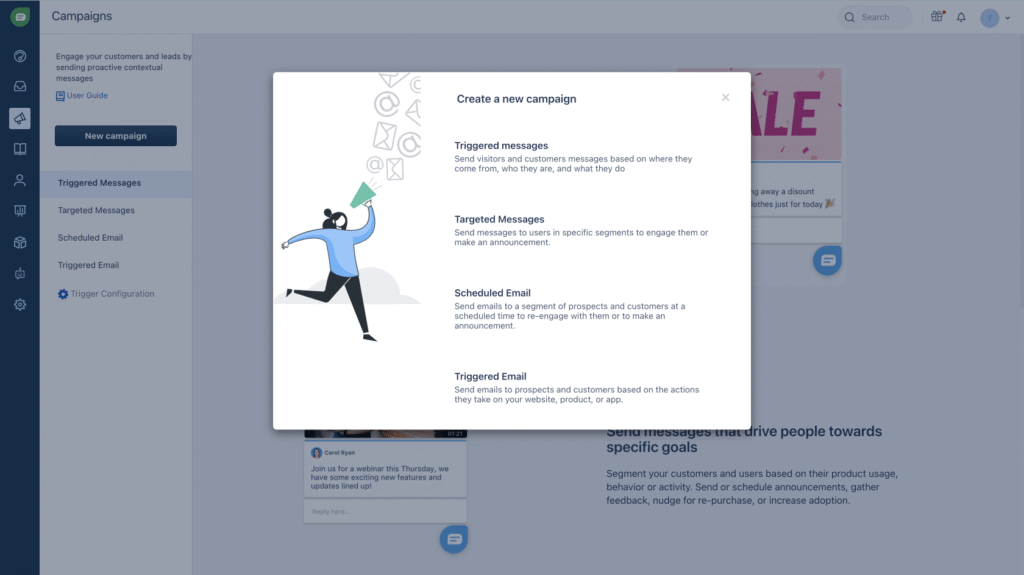 Freshchat campaign creation popup with options for triggered messages, targeted messages, and scheduled emails