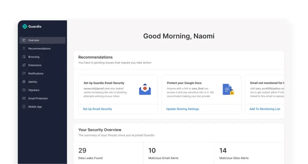 Guardio dashboard showing security alerts, data leak reports, and email protection setup recommendations for the user.
