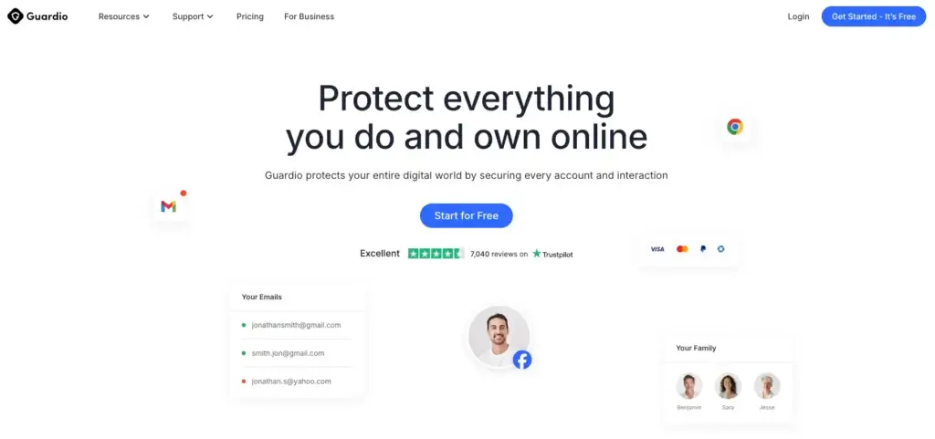 Guardio homepage showing online protection message, email security alerts, Trustpilot rating, and multi-user support visuals.