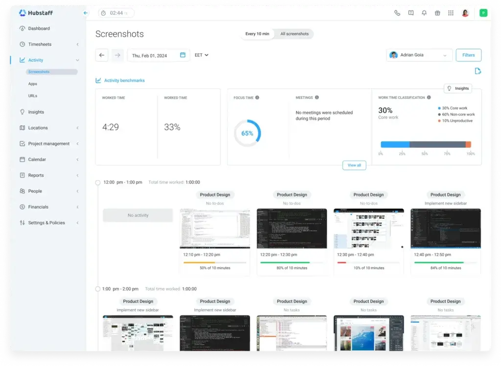 Hubstaff activity dashboard with user screenshots, productivity benchmarks, and work classification by core and non-core tasks