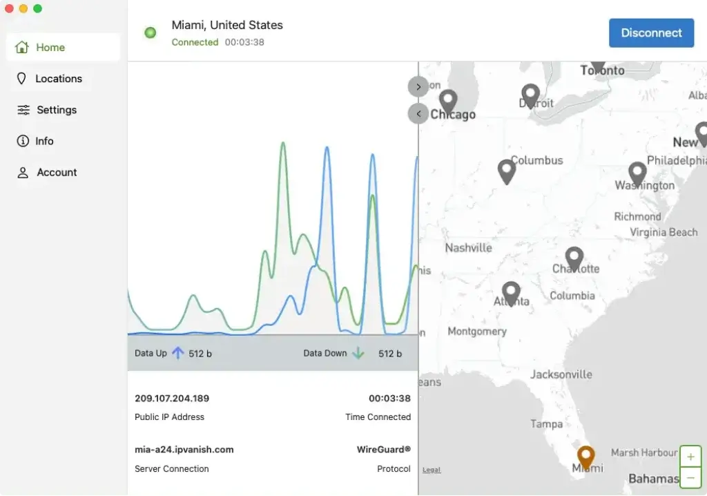 IPVanish desktop app connected to a Miami server with live speed monitoring and WireGuard protocol.