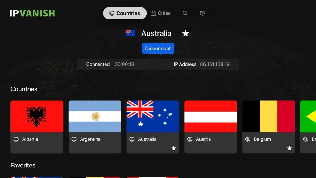IPVanish smart TV or mobile app interface showing active connection to an Australian server with a global server list.