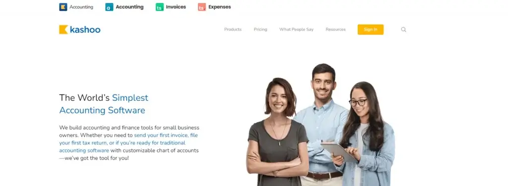 Kashoo website homepage highlighting its branding and slogan as the world's simplest accounting software