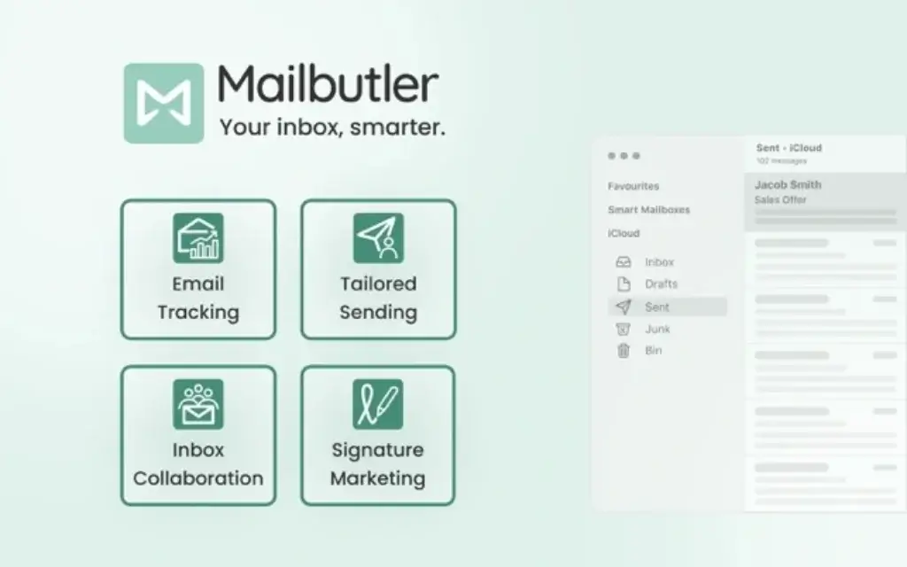 MailButler feature overview highlighting email tracking, tailored sending, inbox collaboration, and signature marketing.