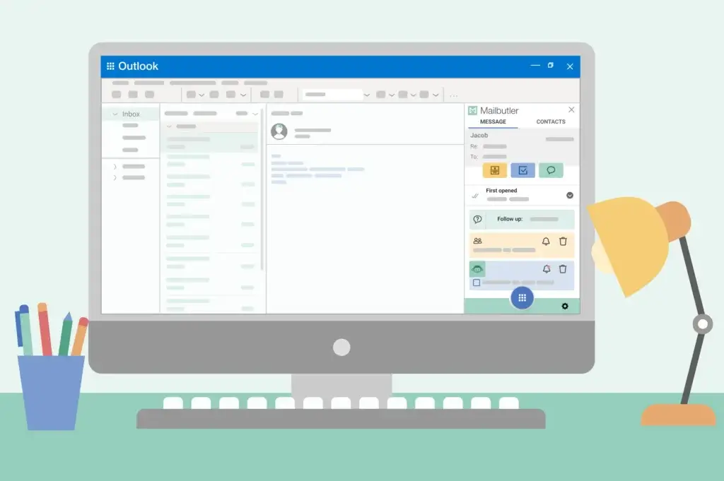 MailButler interface integrated into Outlook, showing tracking, follow-up, and productivity tools in the sidebar.