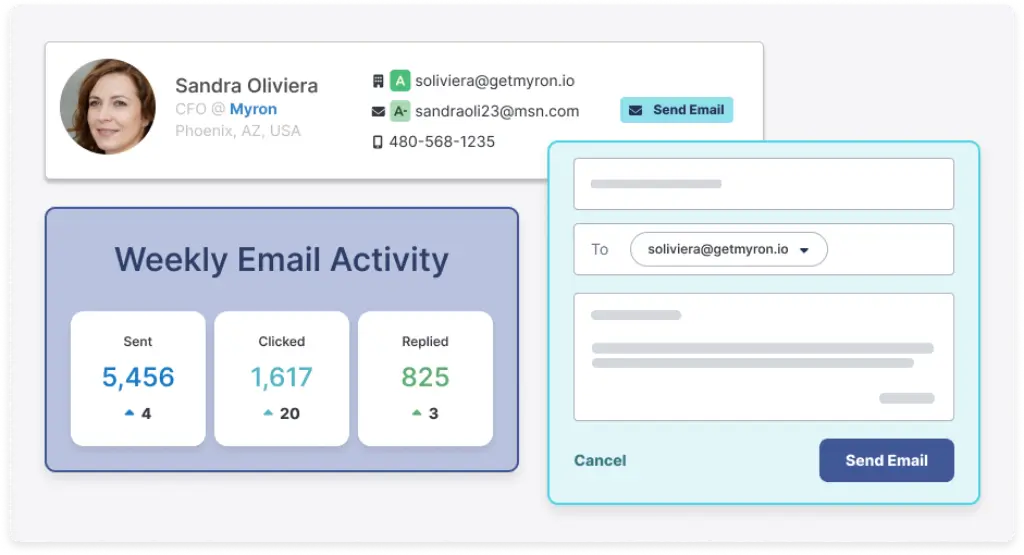 RocketReach email interface displaying weekly email activity and direct contact information for a business lead