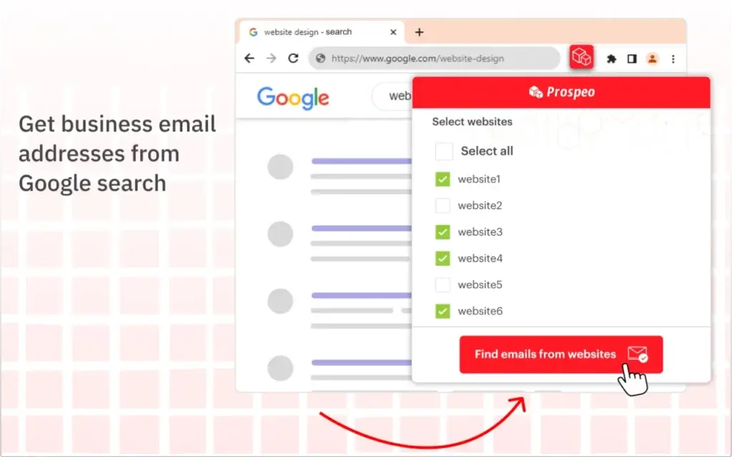 Prospeo Chrome extension finding business emails from Google search result websites
