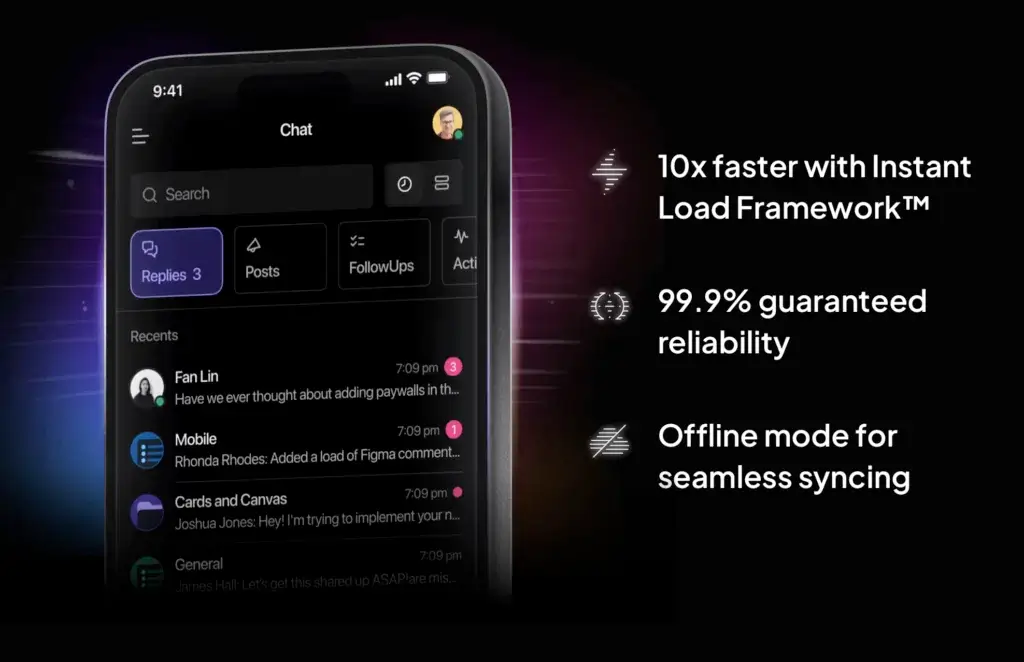 ClickUp chat mobile chat interface showcasing fast load times, offline sync, and 99.9% uptime guarantee