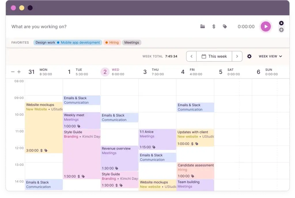 Toggl Track calendar view with time blocks for tasks, meetings, and projects by category