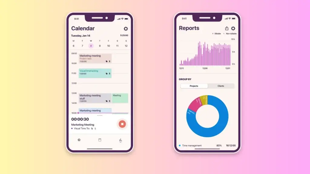 Toggl Track mobile app showing calendar layout and pie chart report grouped by project